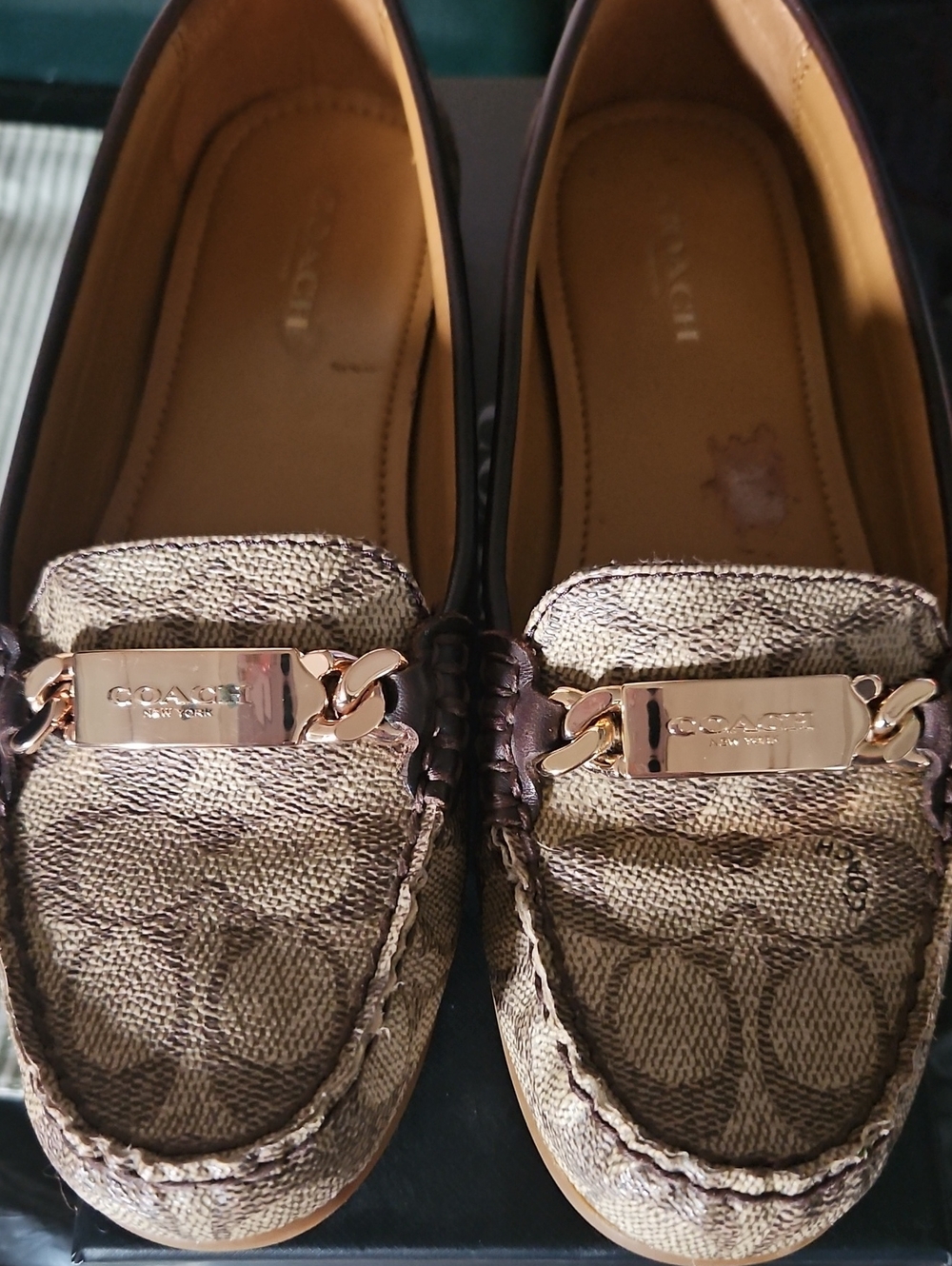 Coach Brown Signature Canvas Loafers with Gold Plaque